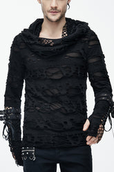 Black Ripped Finger Covered Autumn Hooded Mens Punk T-Shirt